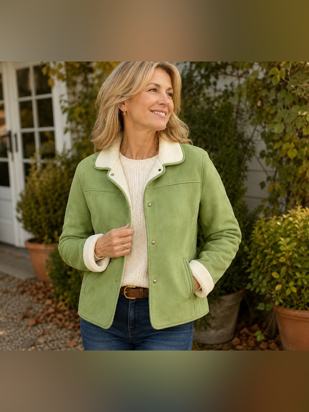 Talbots Archive Washable Green Faux Suede Sherpa Lined Jacket Jackie Style Large